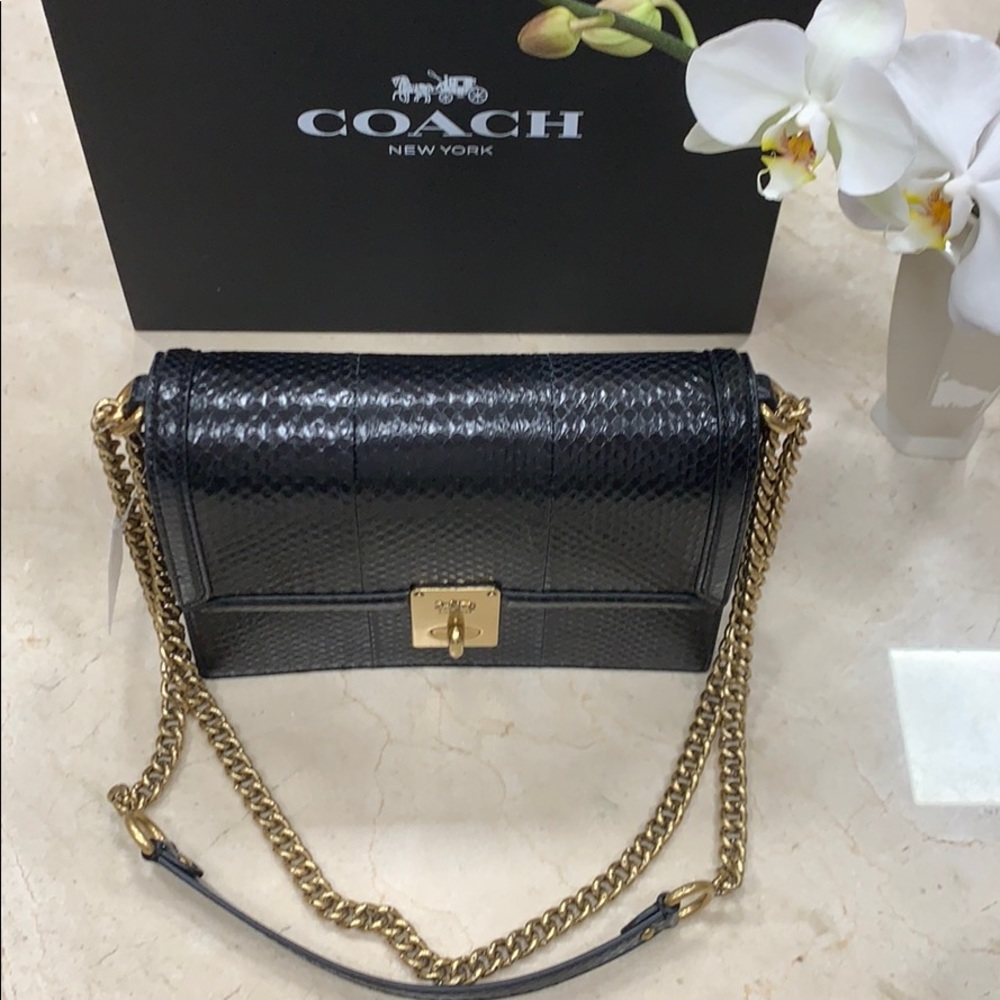 LAST COACH HUTTON GENUINE SNAKESKIN SHOULDER HANDBAG IN BLACK/CHUNKY GOLD CHAIN - Picture 9 of 16